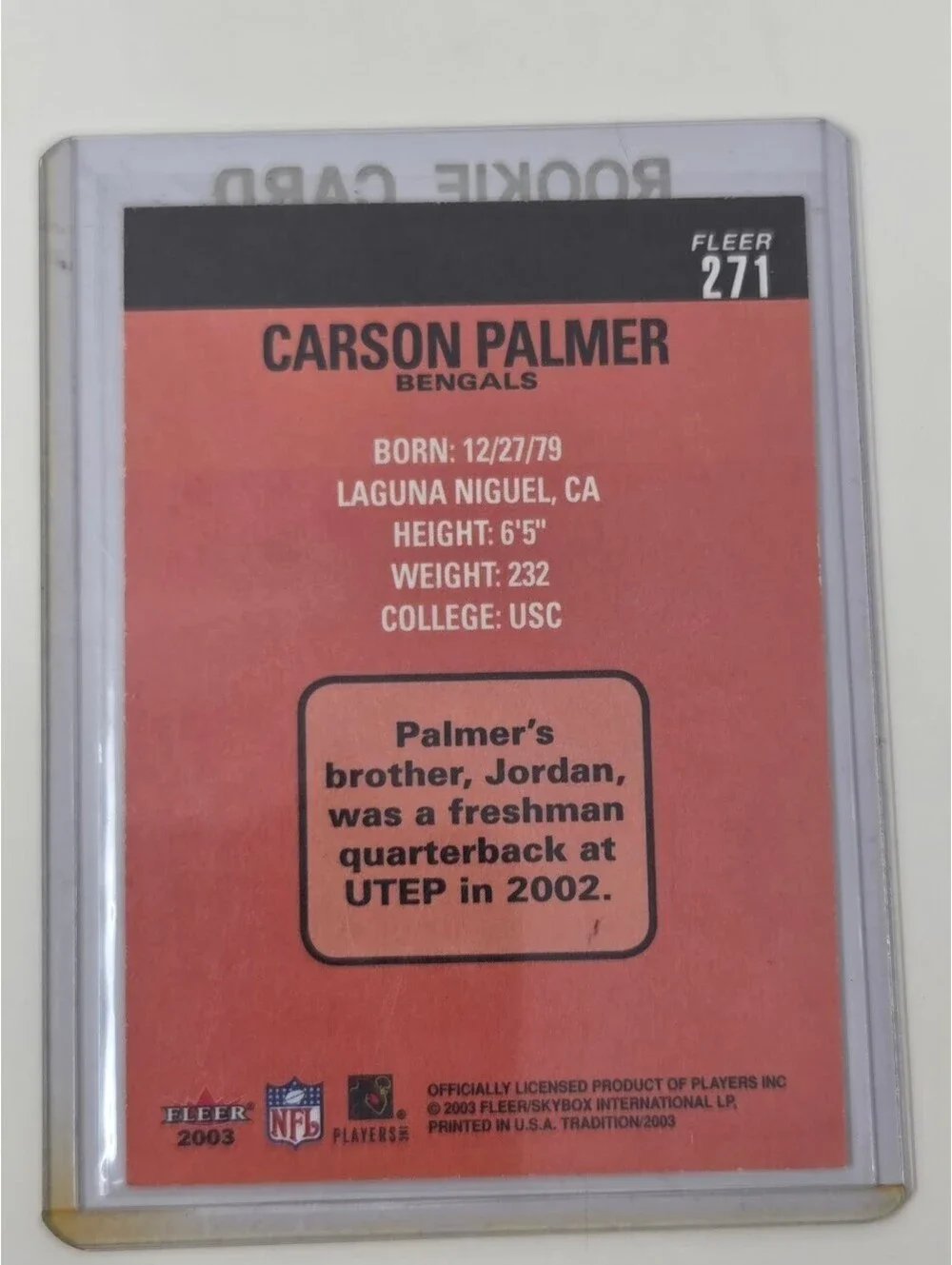 2003 Fleer Tradition Carson Palmer Bengals Rookie Card Quarterback NFL